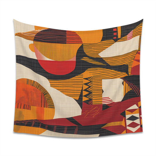 Printed Wall Tapestry, traditional motifs, rich earthy tones, and striking geometric patterns